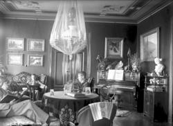 villa, interiør, stue, piano, lampepose, menn3, lesning