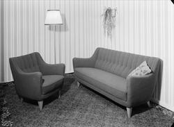 salongmøblement, sofa, lenestol, stålampe, gulvteppe