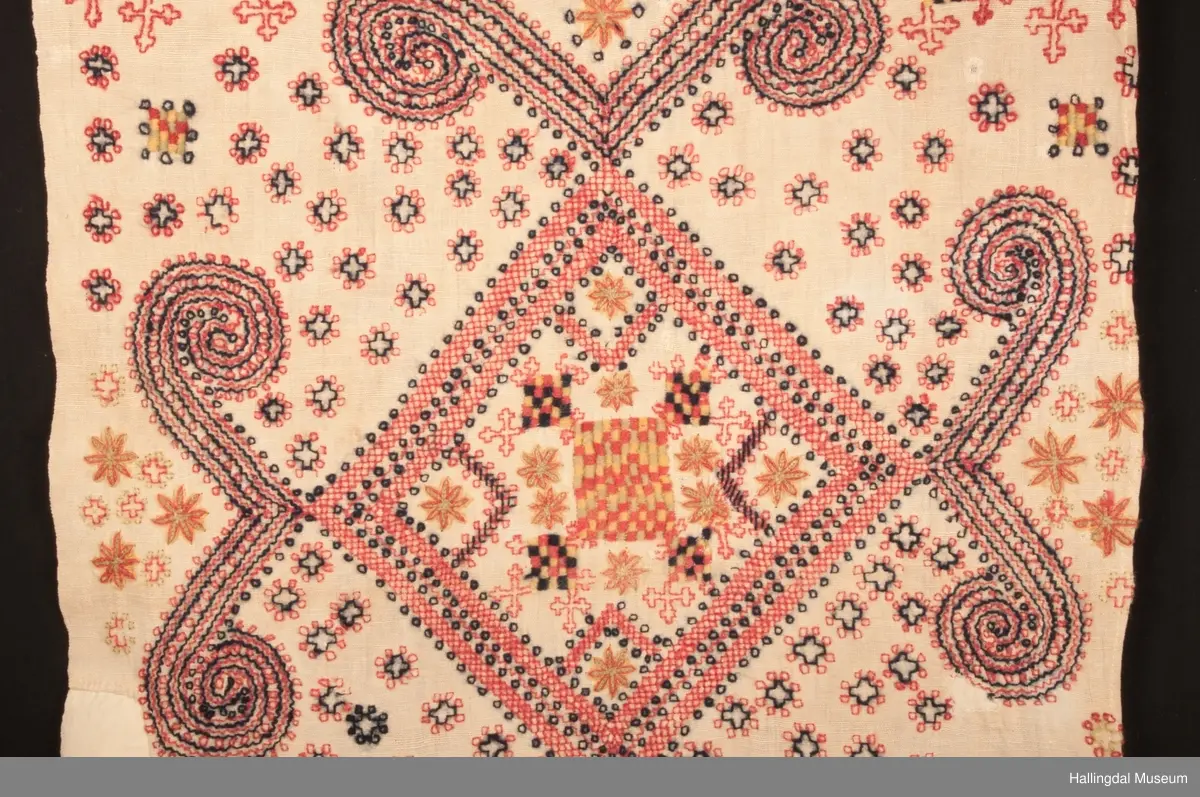 Broderiet er som broderiene på HFN 03537, samme signatur brodert på begge.
Opplysning fra gml. protokoll "kurvplagg".
Seinere beskrevet som "sendingplagg".