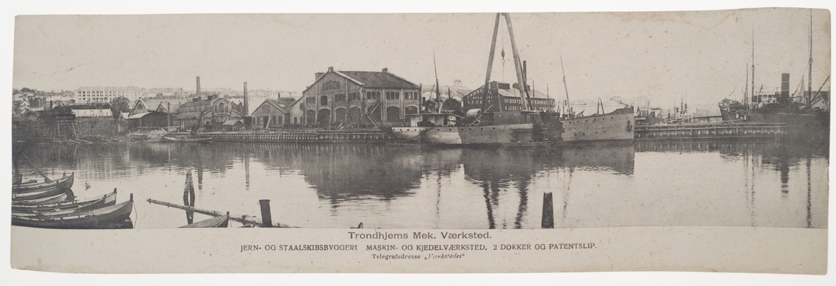 Rektangulært og horisontalt prospektkort med motiv av Trondhjems Mekaniske Værksted mot Møllenberg. Sort/hvit.