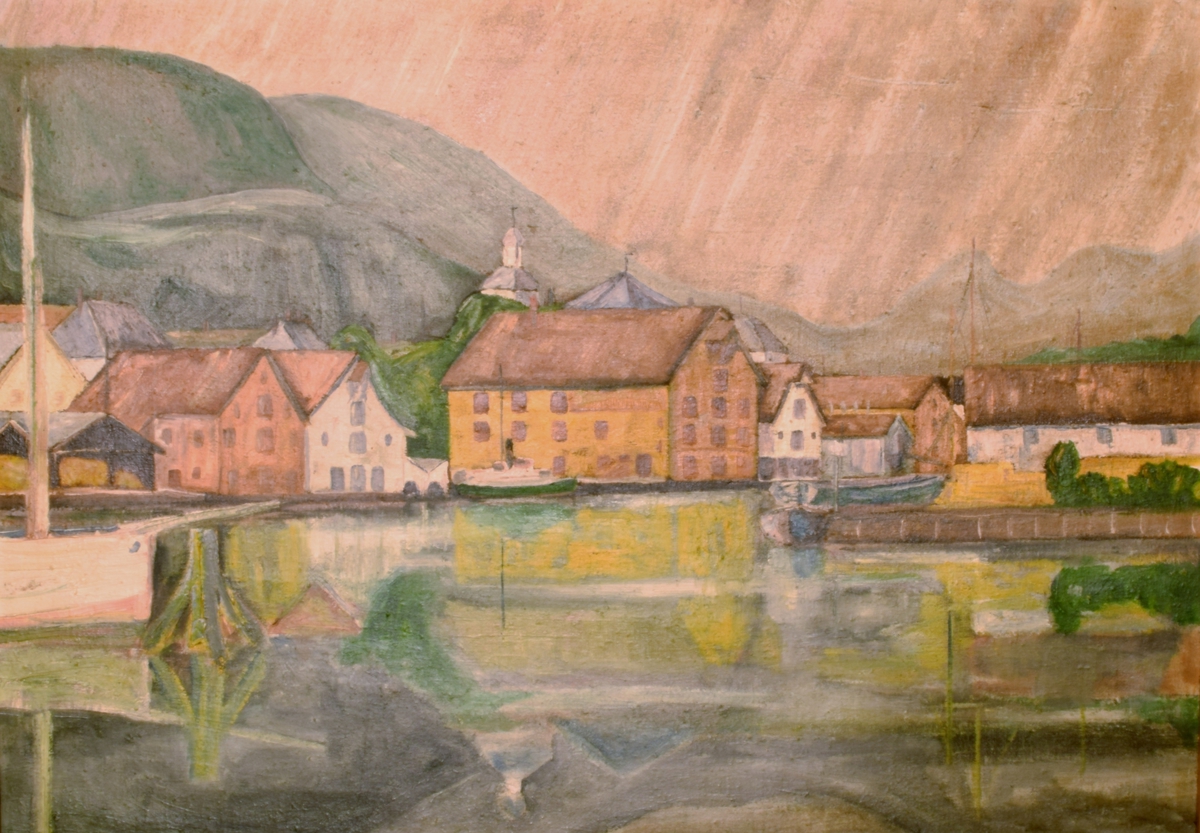 Prospekt av Flekkefjord. Maleriet viser en del av havnen med trehusbebyggelse og bakenforliggende fjell.