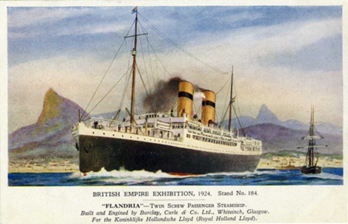 British Empire Exhibition, 1924. stansd No 184. "Flandria"-Twin Screw Passenger Steamship. Built and engined by Barclay, Curle & Co. Ltd., Whiteinch, Glasgow. For the Koninklijke Hollandische Lloyd (Royal Holland Lloyd).