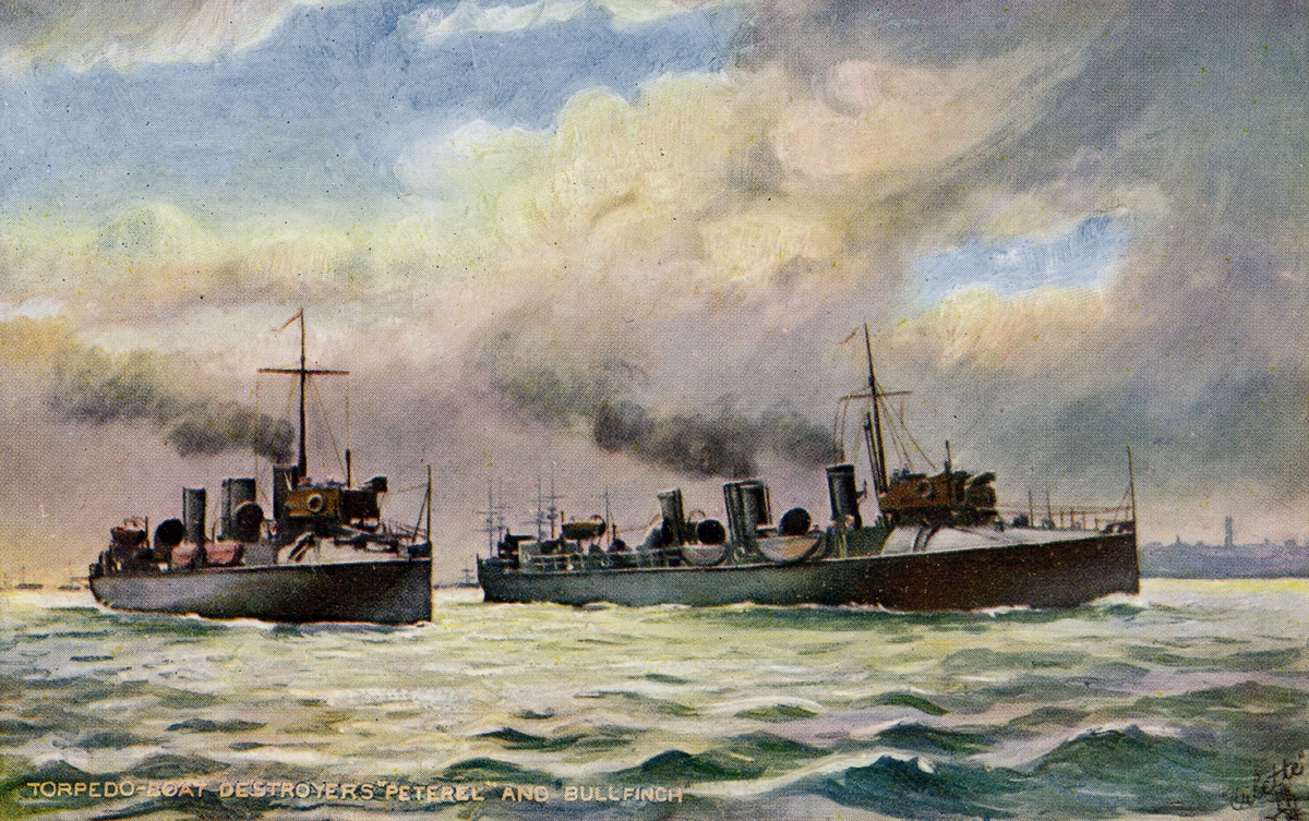 Torpedoboat destroyers "Peterel" and Bullfinch.
TuckÂ´s Post card, Raphael Tuck & Sons. "Oilette" postcard no 9079, Our Navy series I