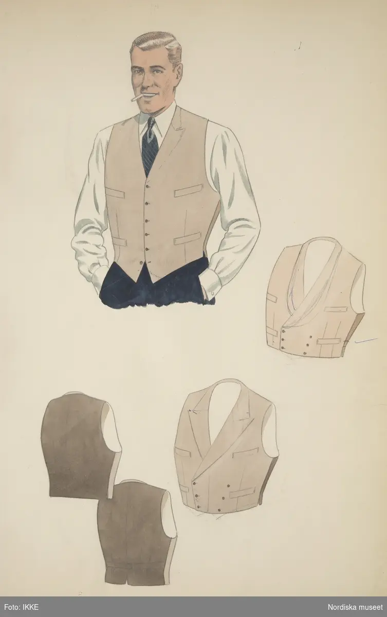 Modeteckning av man i vit skjorta, slips och väst med cigarett i munnen. Teckningar av västen bak- och framifrån. Nordiska Kompaniets herrskrädderi.