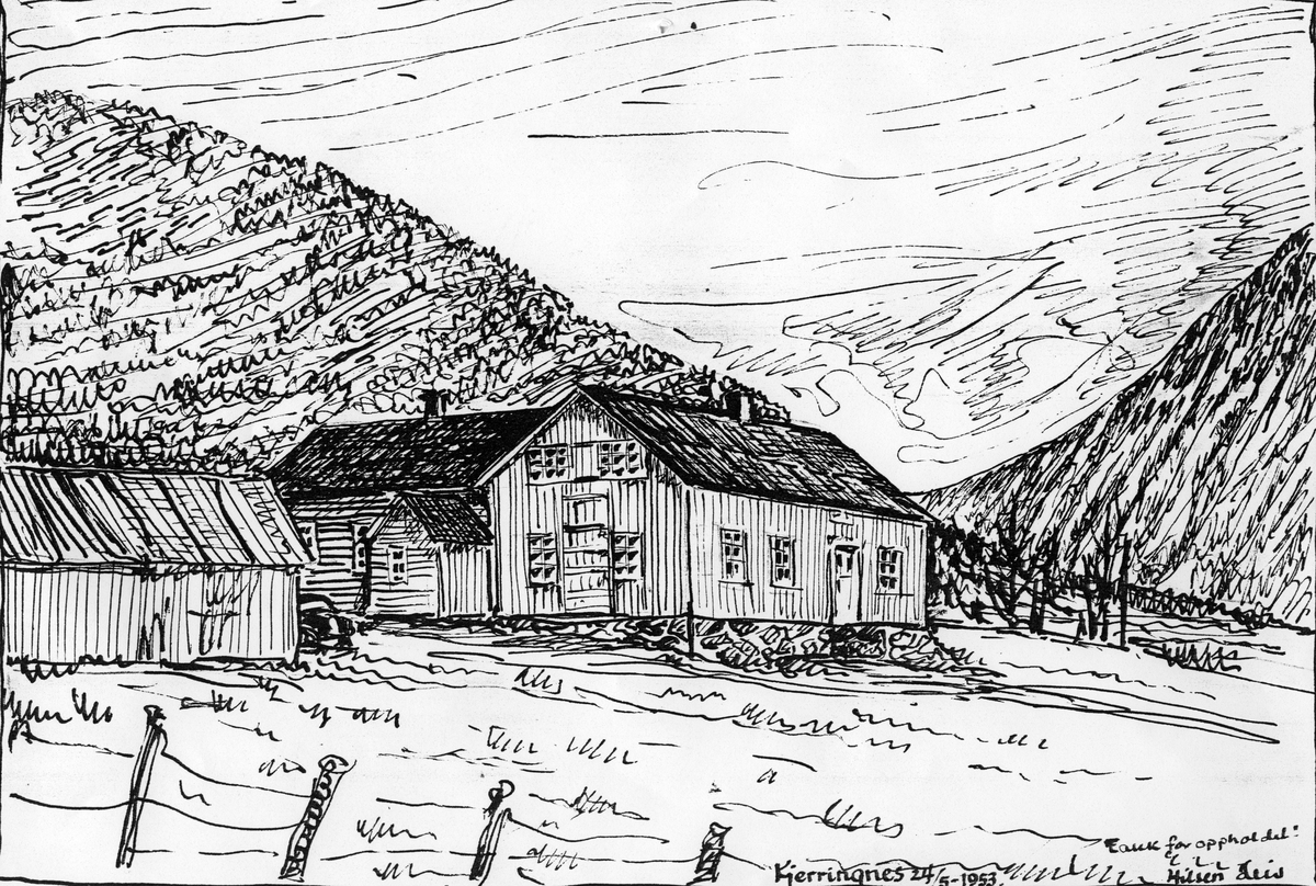 Tegning av skolen på Kjerringnesi Sortland 1953. Tegnet av Hans Ludvik Myra.