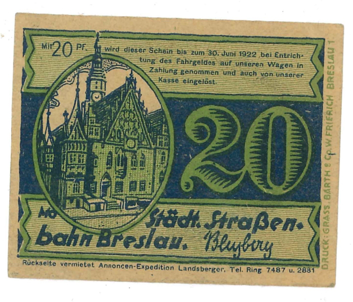 Kupong på 20 Pfennig, från år 1922. 

Ingår i en samling sedlar, huvudsakligen från Tyskland.