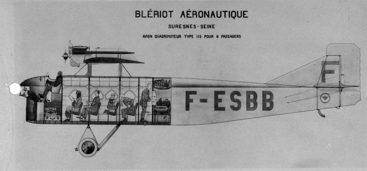 Skisse av fly, F-ESBB Bleriot 115 med flyger og passasjerer