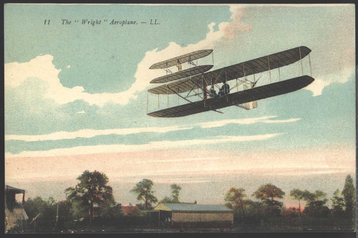 Postkort. Ett fly i lufta. Påskrift på foto "The Wright Aeroplane LL