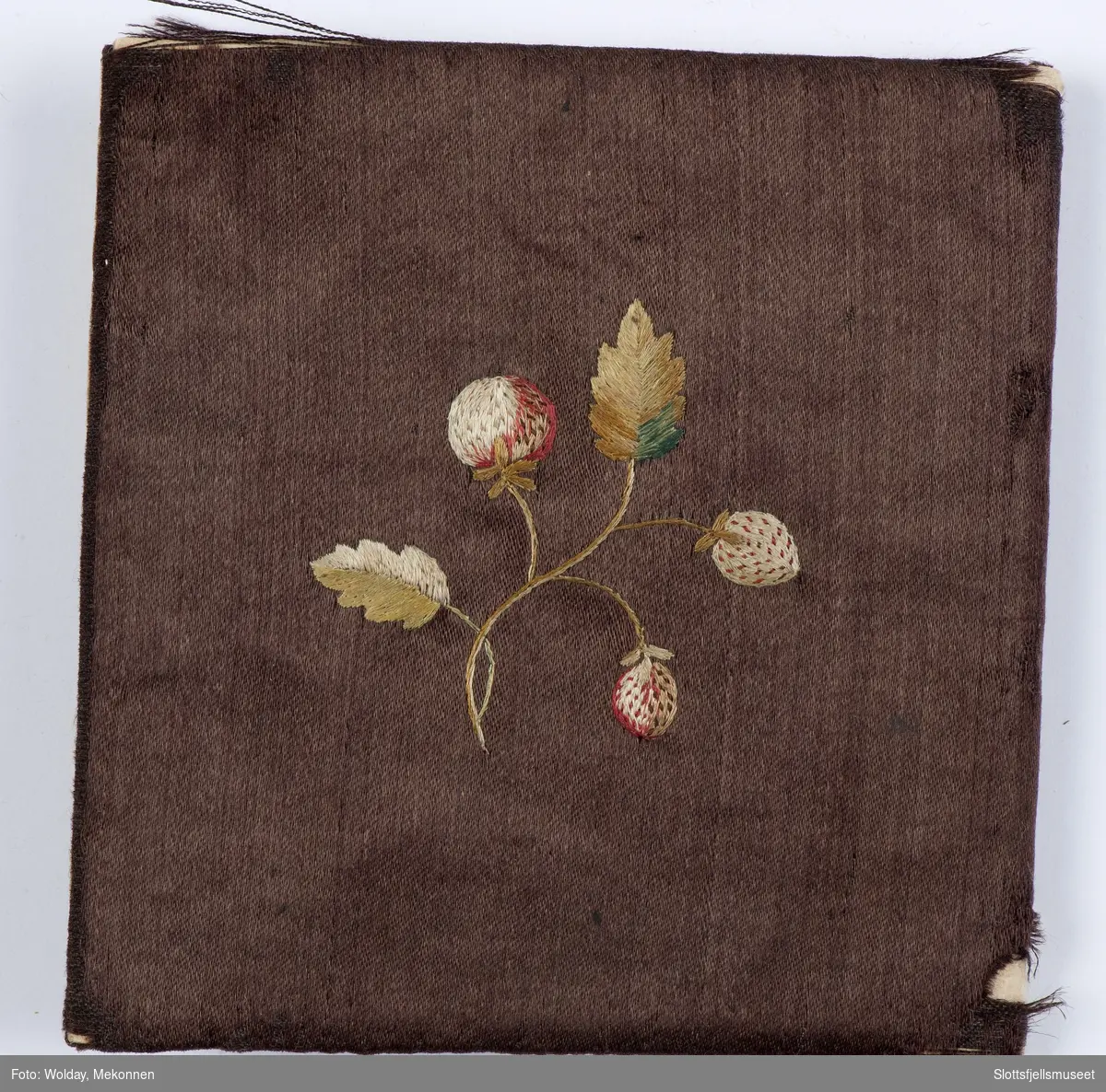 Foret med hvit silke, trukket med fiolett og påbroderte stemorsblomster og jordbær. Malt inn: "M S H 1809"