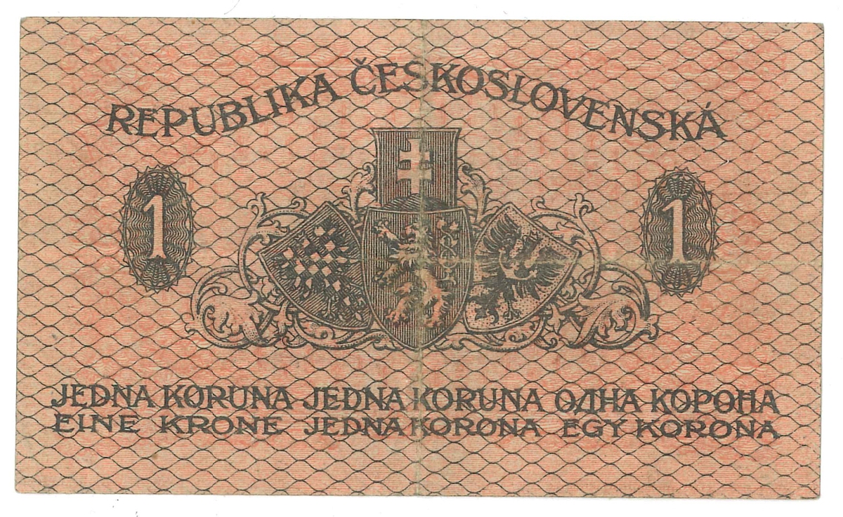 Sedel, 1 Korunu, från år 1919. Från Tjeckoslovakien.

Ingår i en samling sedlar, huvudsakligen från Tyskland.