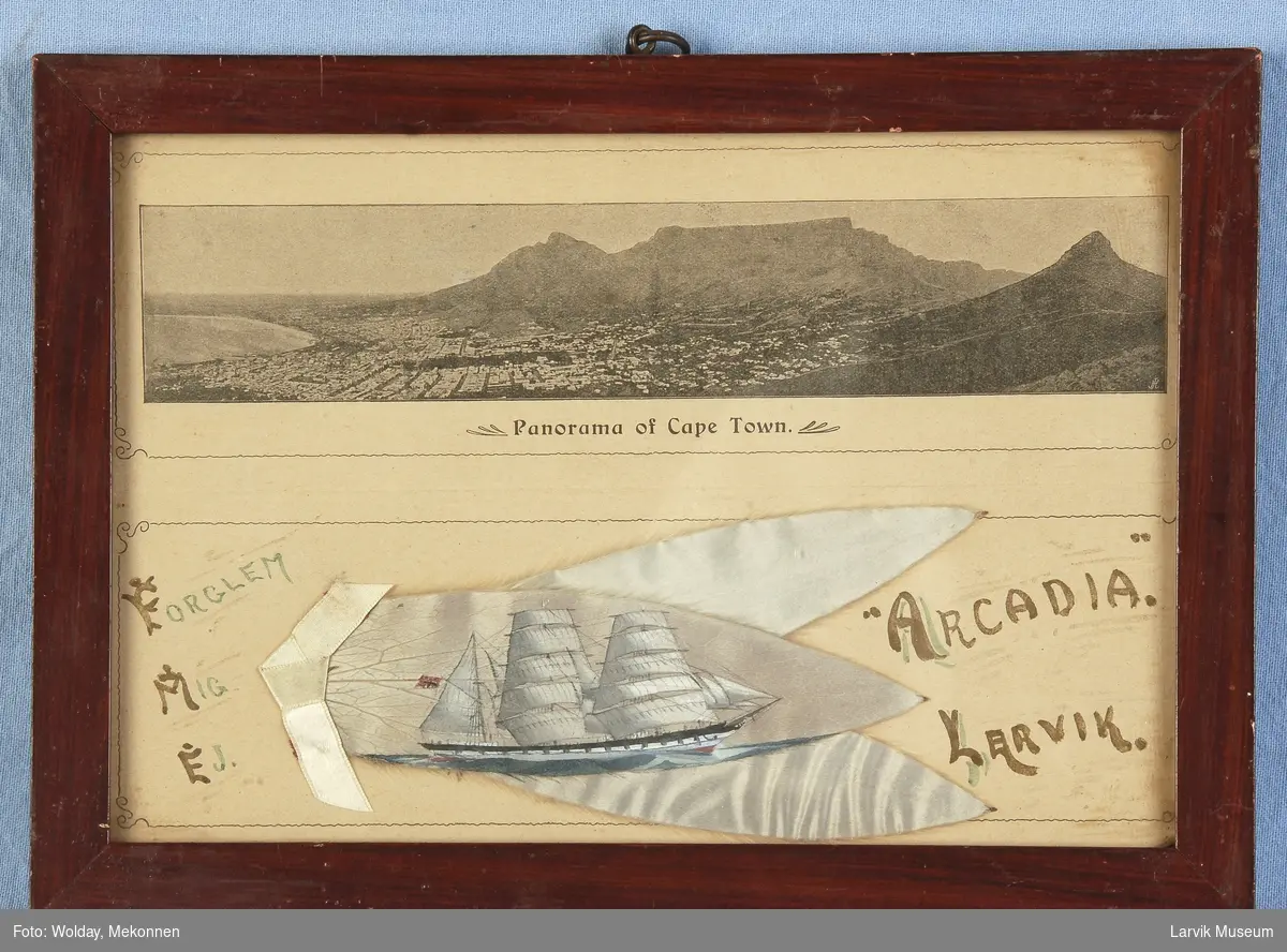 Arcadia av Larvik malt på et sølvblad, også kalt Kapp-blad eller silverleaf. Tre slike blader samlet, med panorama over Cape Town over. Bilde i glass og ramme.