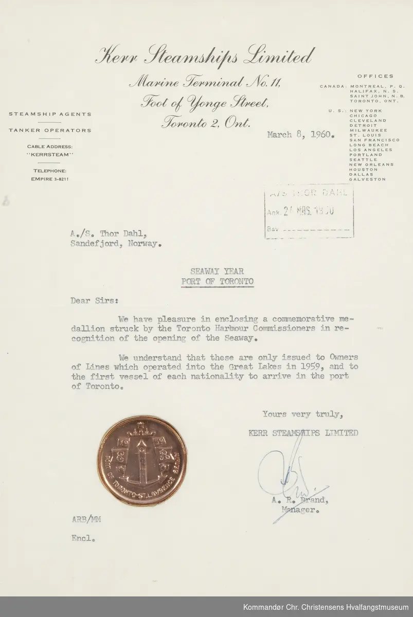 Diplommed medalje, Toronto 08.03- 1960