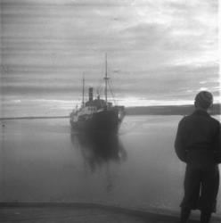 Ung gutt står på kaia i Vadsø og ser på  hurtigrute 'Polarly