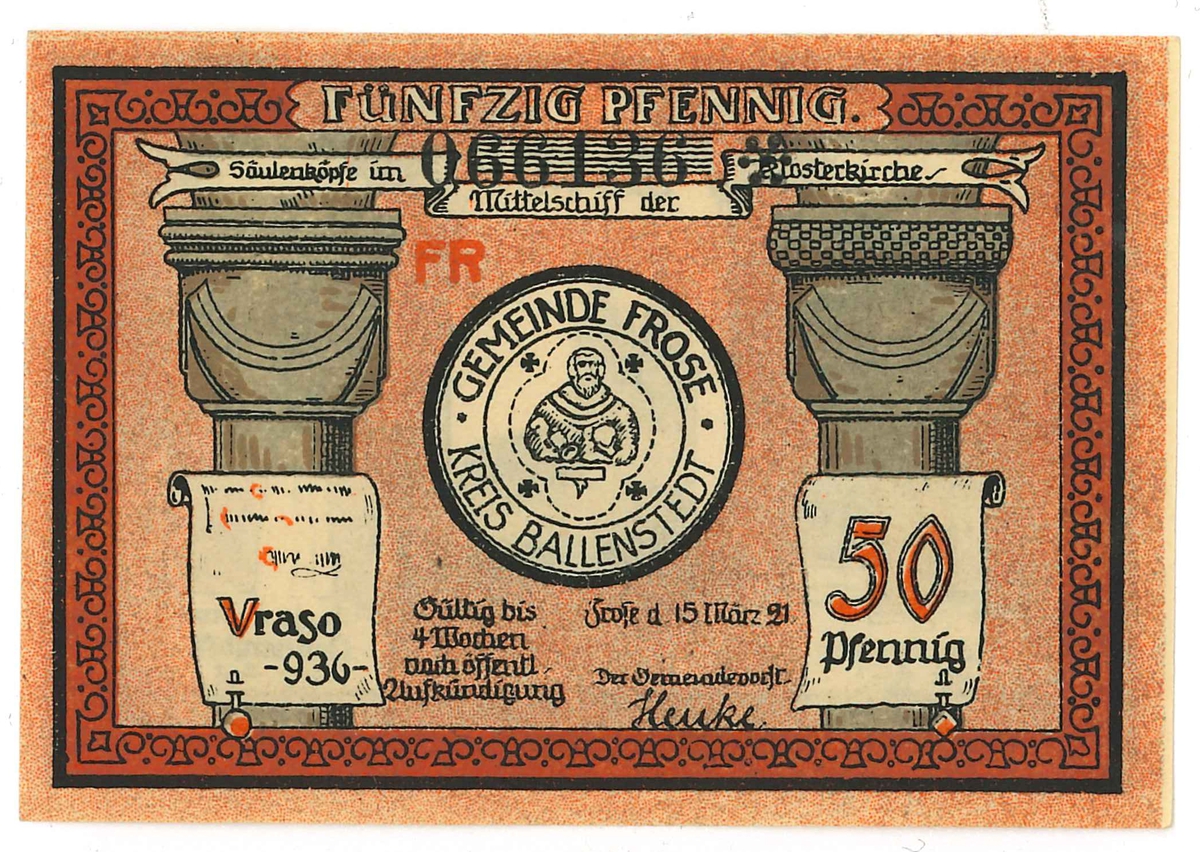 Sedel, 50 Pfennig, från år 1921.

Ingår i en samling sedlar, huvudsakligen från Tyskland.