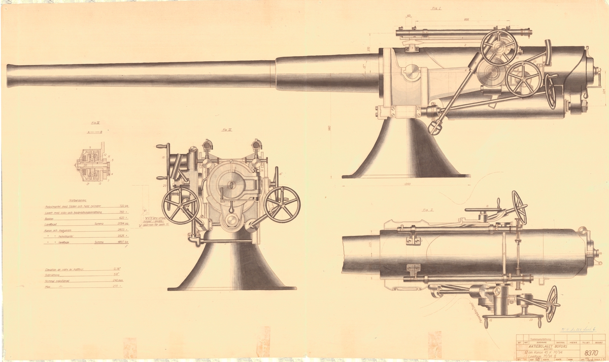 Ritning till 12 cm kanon 45K M/94, lavettage M/94 B.