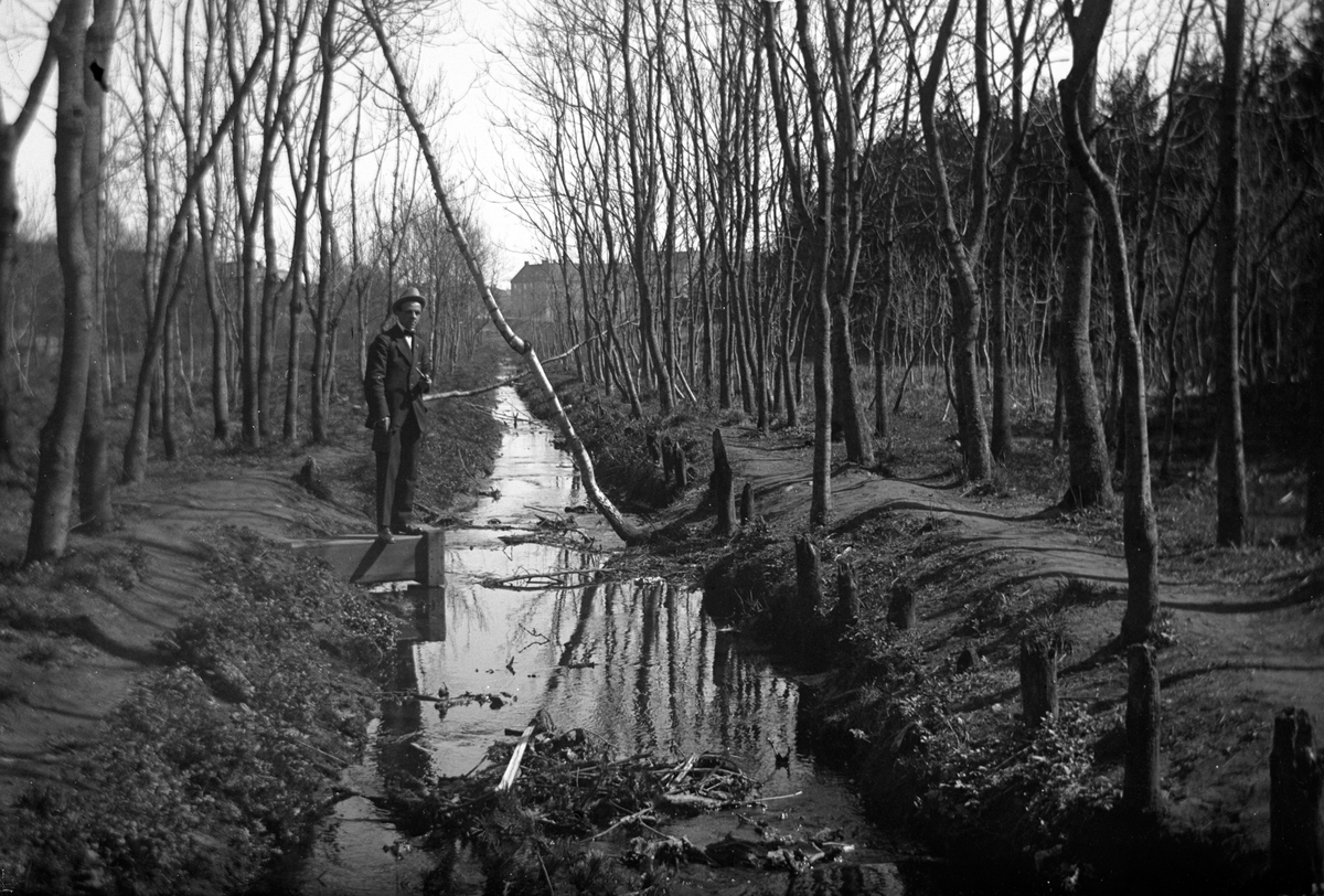 En man med pipa i handen står vid ett vattenfyllt dike med träd på båda sidorna.