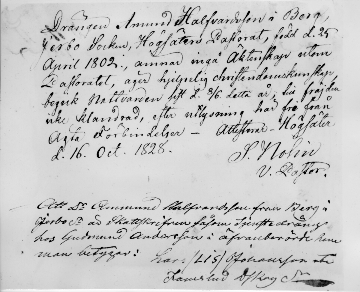 Lysningskungörelse. Järbo Handskrivet dokument nedtecknat den 16 oktober 1828.