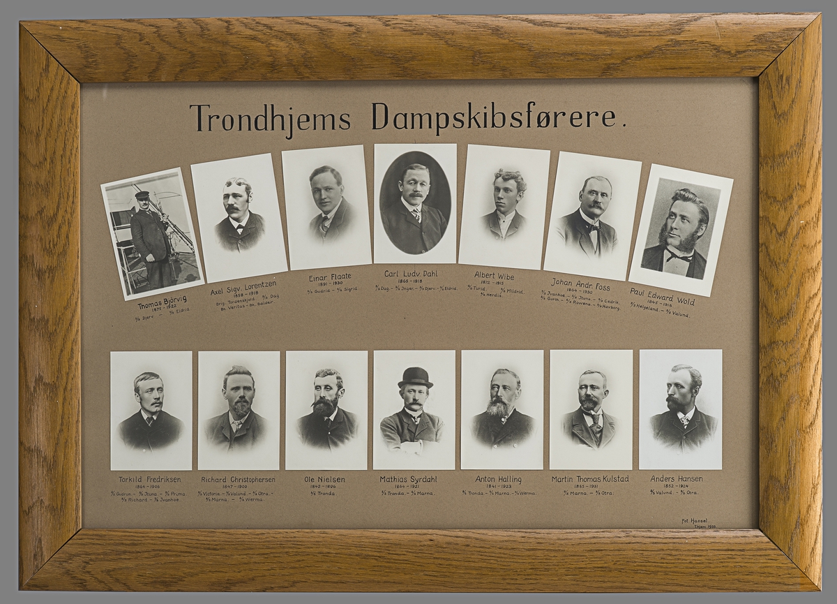 Fotografiske svart-hvit portretter av dampskipsførere i Trondheim.