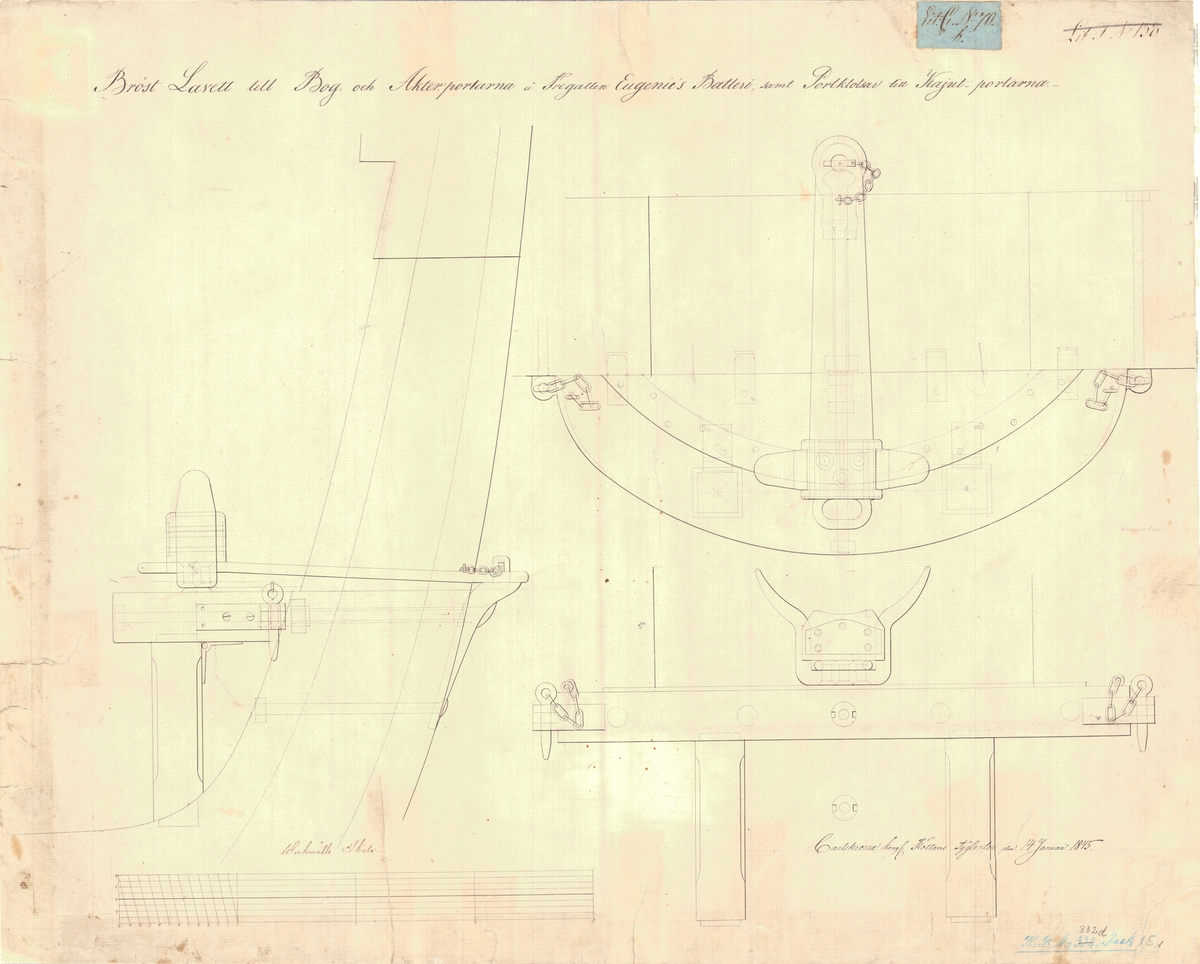4 st ritningar visande bröstlavett till bog- och akterportarna å fregatten Eugenies batterier samt portklotsar till kajutportarna