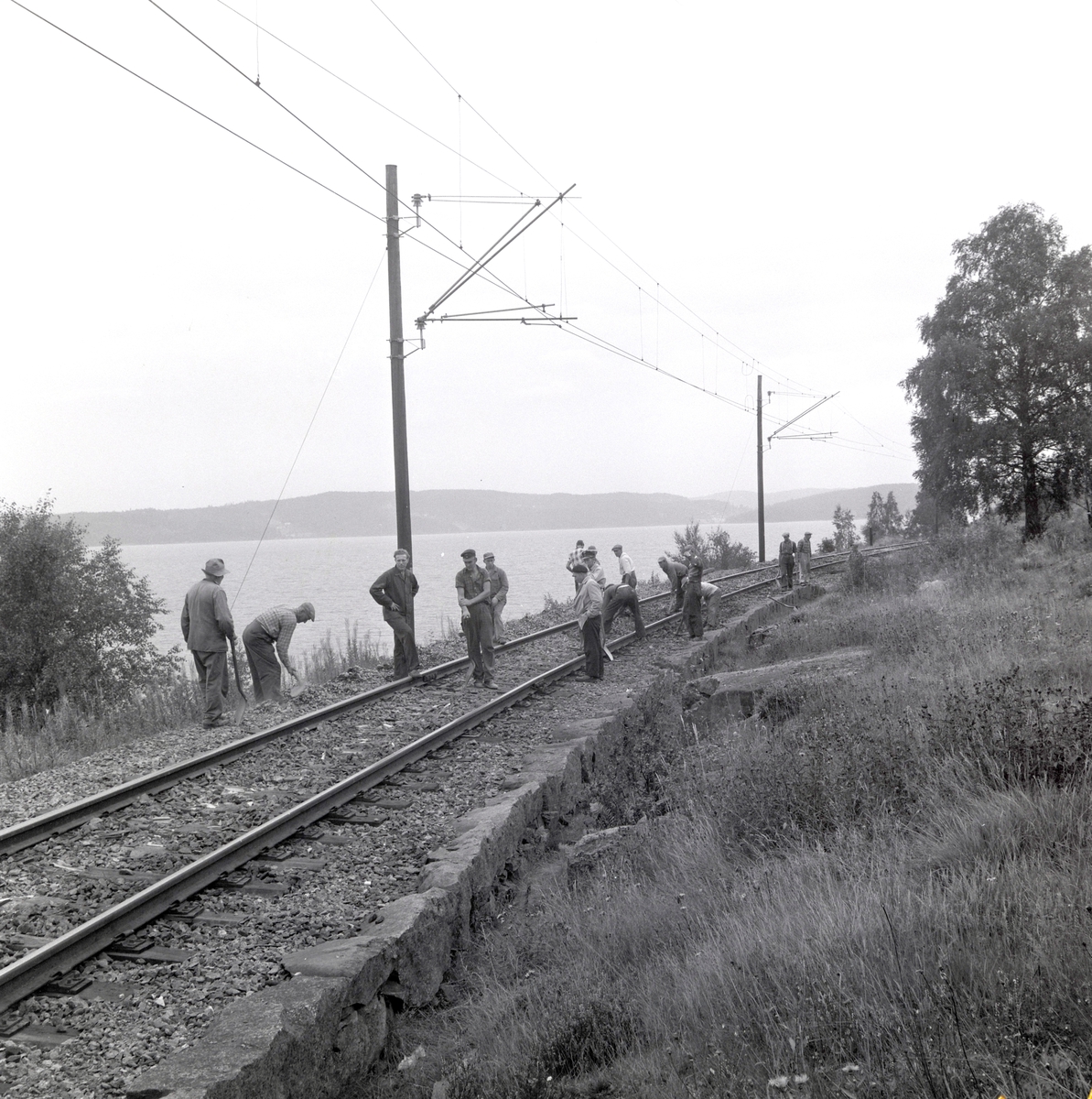 Arbeid på jernbaneskinnene i Espa-området(?) Stor gruppe personer, ukjente. Jernbane, skinner, Mjøsa, Espa(?), Stange, NSB.