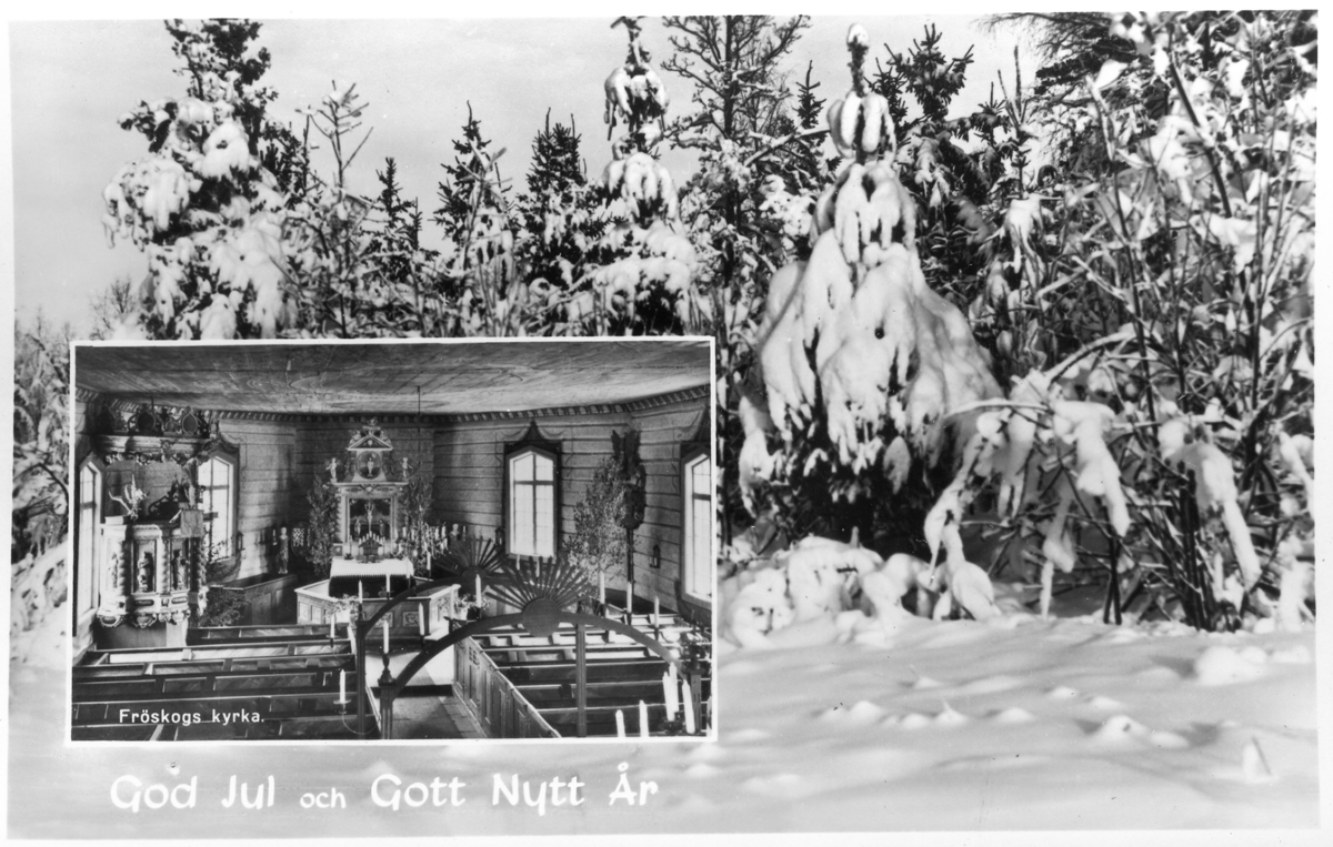 Fröskog. Text på vykort "Fröskogs kyrka. God jul och Gott Nytt År