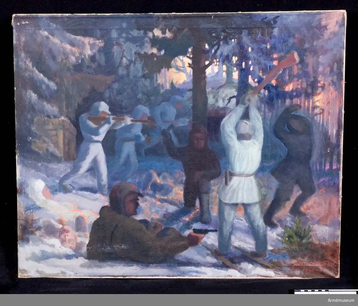 Grupp M I.
Oljemålning utförd av Matti Taskinen 1941 "Närstrid i skog".