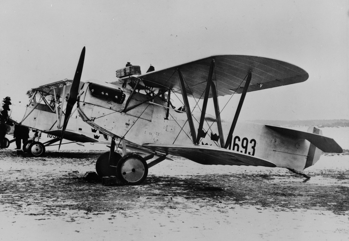 Flygplan A 1, Phönix C.I Dront märkt nummer 1693 tillhörande F 1 Hässlö står på ett flygfält, 1934. I bakgrunden står flygplan Ö 9 märkt nummer 1602.