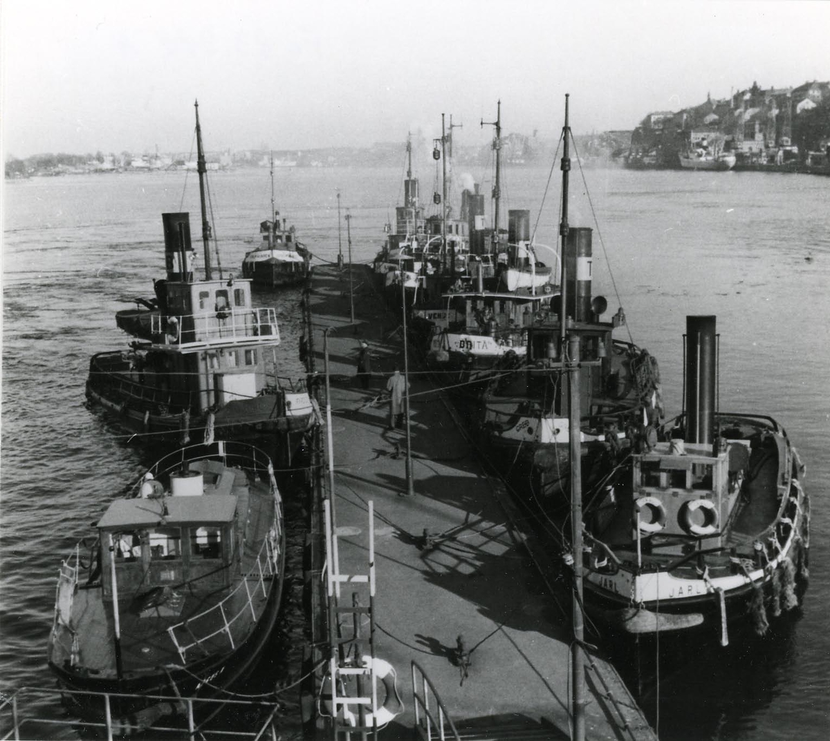 Gamla ångbogserbåtar vid Slussen, Stockholm, mars 1957.