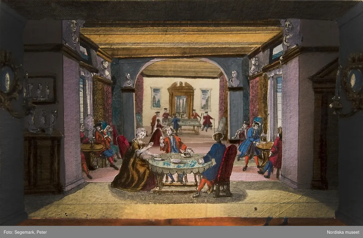 Tittskåpsbilder med motiv från ett torg, ett kaffehus, en vinkällare och en konstnärsateljé. 1700-talets andra hälft. Nordiska museet inv nr 301659.