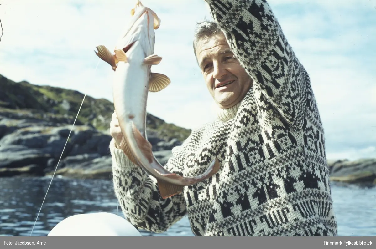 Mann, iført mønstret strikkegenser haler opp en fisk sannsynligvis fra en småbåt fordi toppen av en påhengsmotor vises nederst i bilde. Det er vindstille og pent vær med solskinn. Svaberg skimtes i bakgrunnen