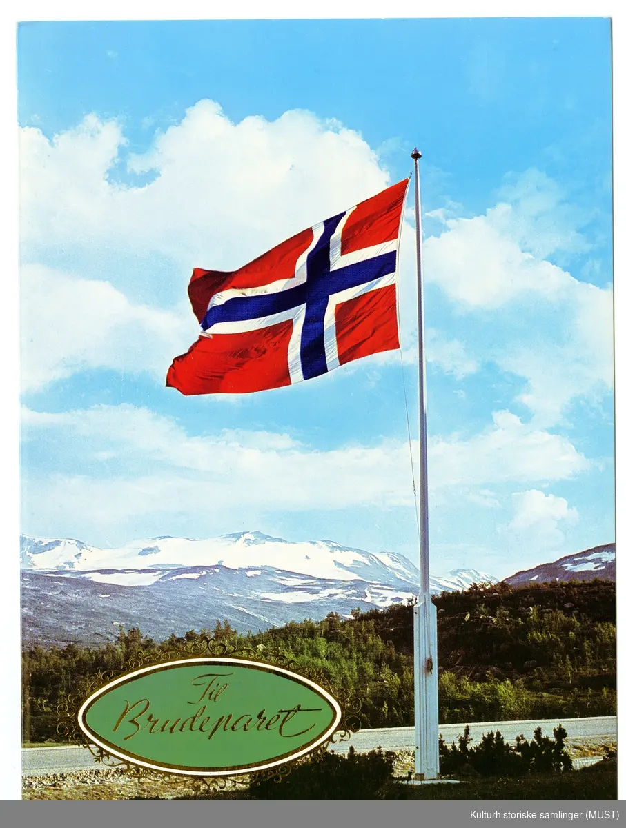 Bryllupskort solgt hos Hustvedt

Norsk flagg i landskap
Til Brudeparet.

Foldekort med teksten: Hilsen fra...