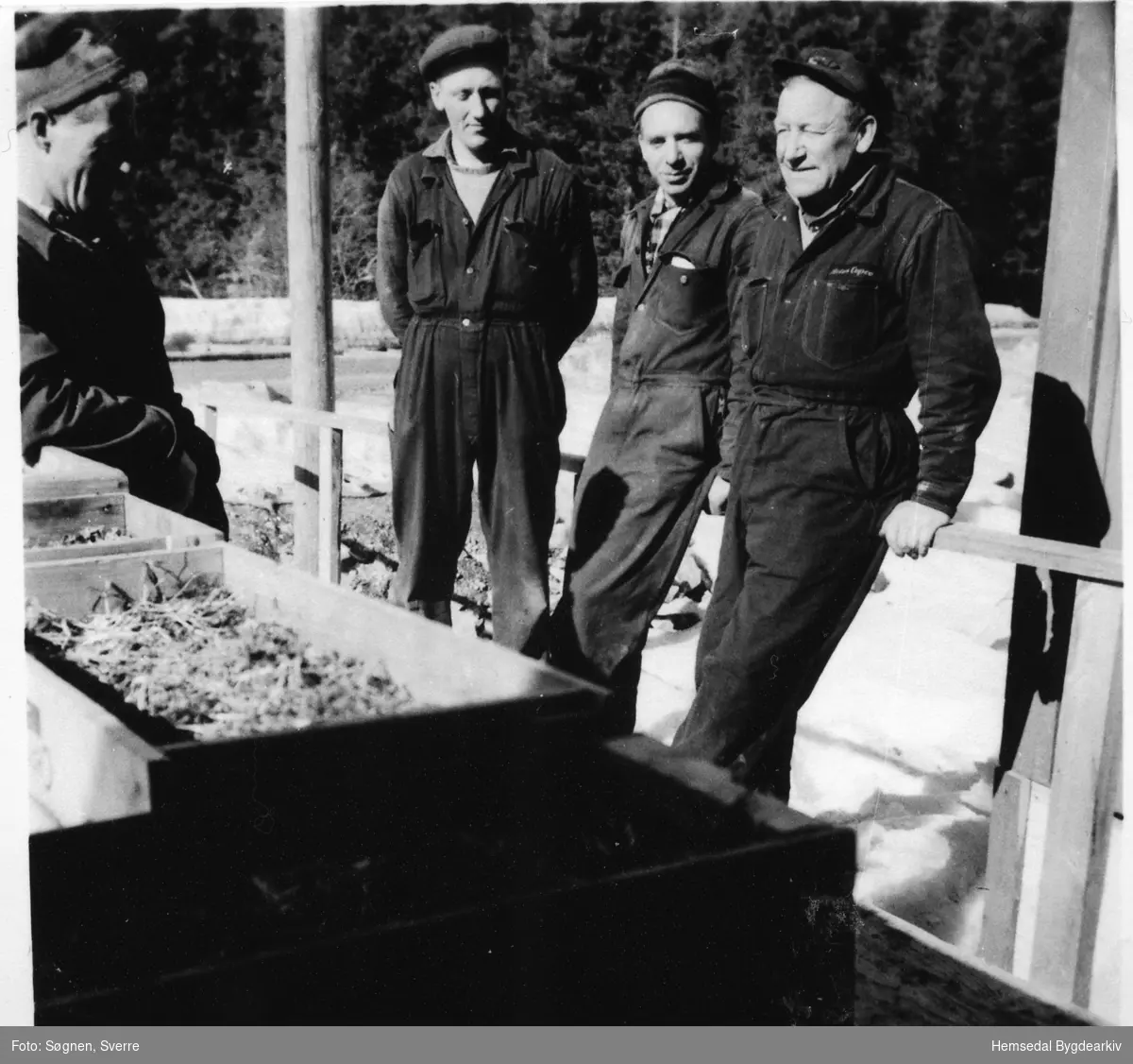 Anleggsarbeidarar på Heimsil 1, Langeset i Hemsedal i 1960.
Frå venstre: Stensvold frå Hol, Ola Nestegard frå Hol, Johan Rusten frå Gol og Ukjend