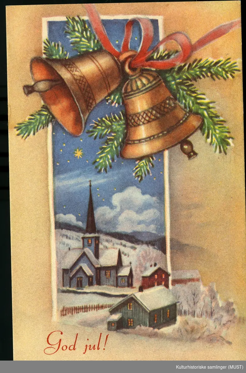 Jule og nyttårskort solgt fra Hustvedt.
Juledekorasjon med bjeller, kirke og små hus. God jul!