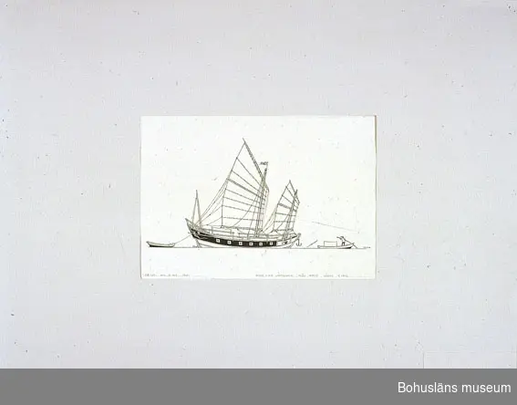 Montering/ram: Passepartout av tunn grå kartong; 55 x 66 cm, Lastdjonk från Amoy, Södra Kina.
Övrig historik se UM72.26.001. 