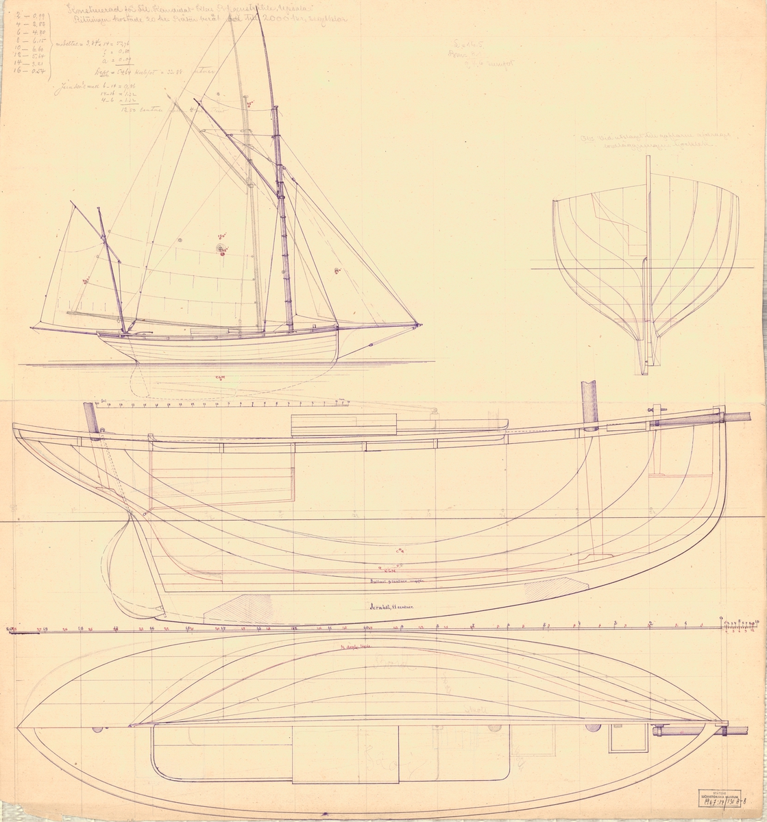 Tvåmastad segelbåt ritad av Carl Smith för fil. kandidat Klas Borgenstråhle.
Spantruta, rigg, profil och linjeritning