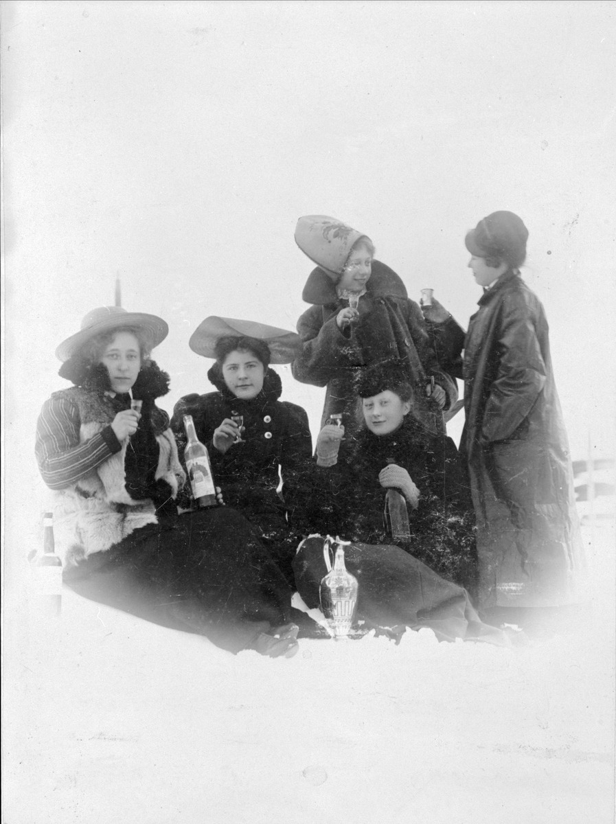 Gruppebilde av fire yngre kvinner i festlige kostymer som sitter (ute i snøen?) med flaske og glass.