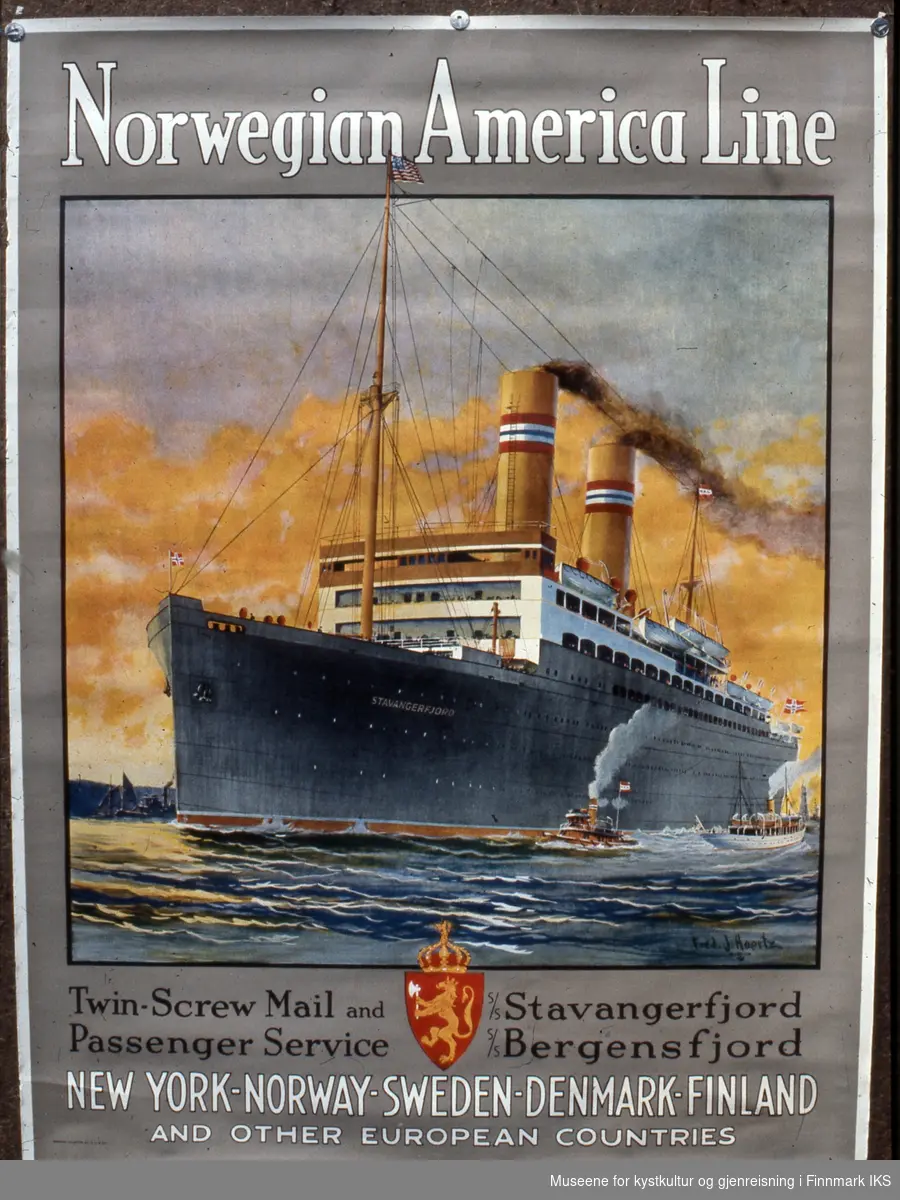 Amerikansk plakat for Den Norske Amerika-linje med bilde av D/S 'Stavangerfjord'. Ca. 1919.