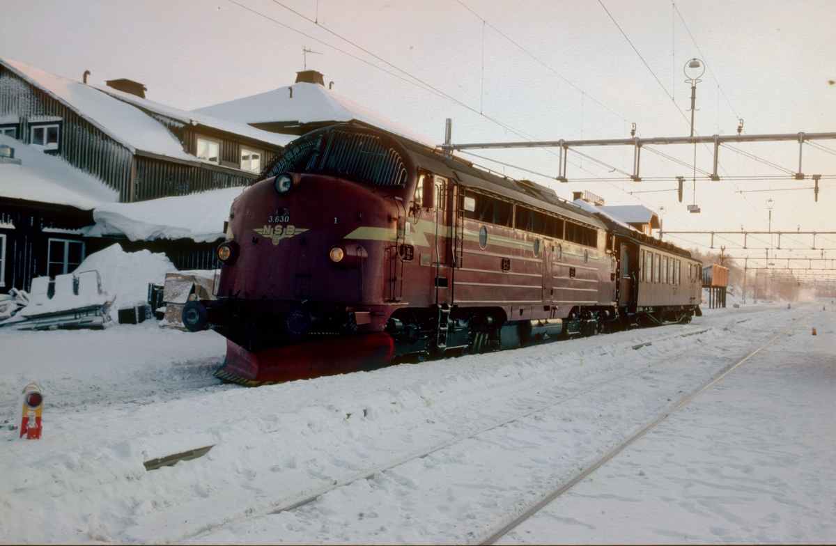 NSBs persontog 424 til Trondheim på Storlien stasjon. På grunn av store forsinkelser ventet man ikke på vognene fra Stockholm.