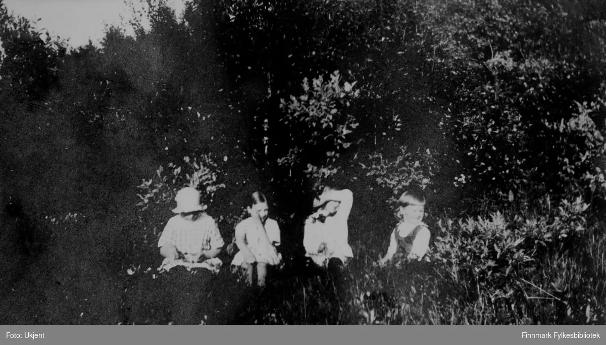 Bildet er tatt sommeren 1924 i Jarfjord. Barna på bilde er ukjente. Påskrift i originalalbumet: 'Tulla, Bisse, Busse og Bollebas'. Jentene har på seg sommerkjoler og enkelte av de har flettet hår. Barnet som er nummer tre fra venstre er en gutt med sløyfe rundt halsen. De sitter ved siden av en skog og er omringen av planter og busker. Jenten helt til venstre har på seg en lue. Jenten helt til høyre ser ut til å ha en slags vest på seg.