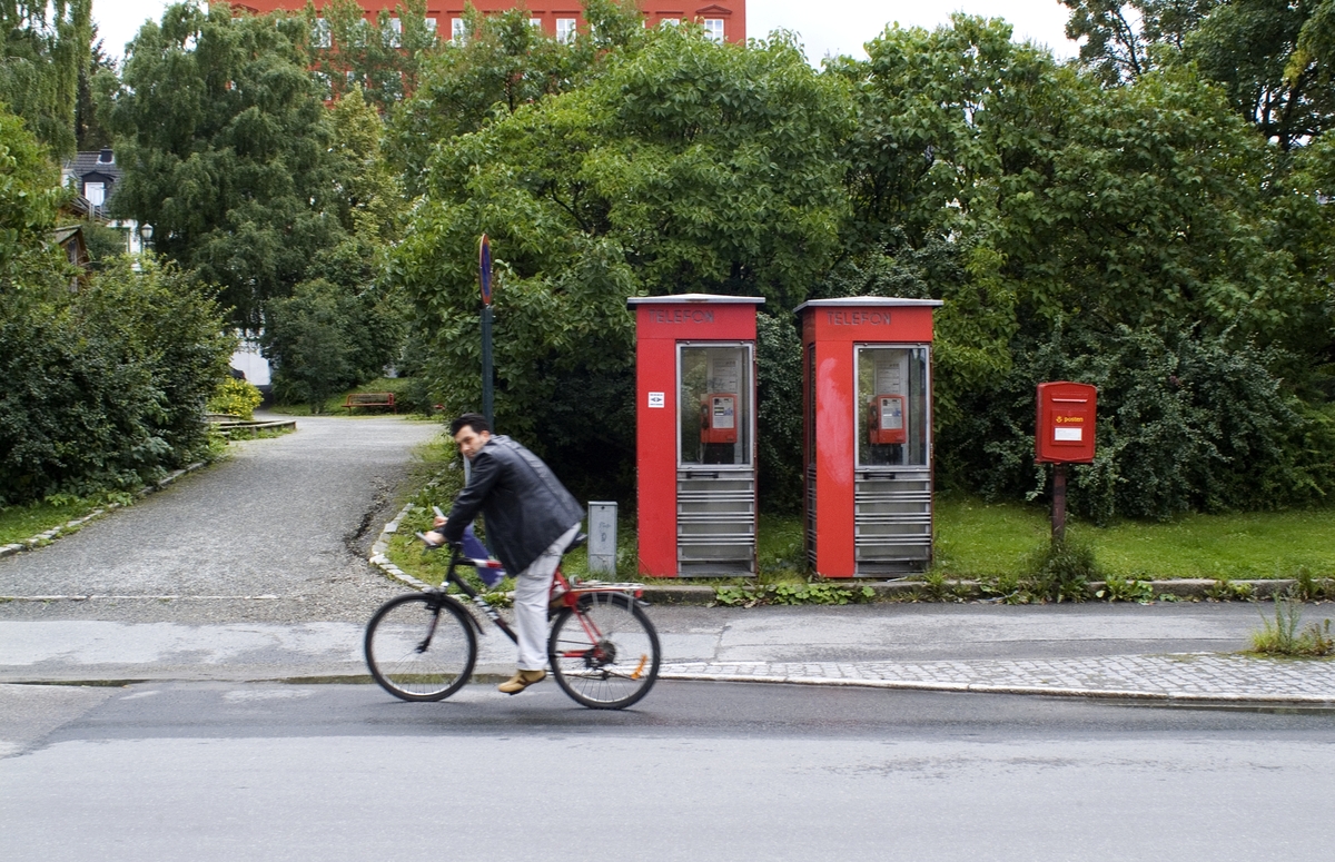 Telefonkiosk i Thornesparken i Trondheim, blant de 100 vernede telefonkiosker i Norge. De røde telefonkioskene ble laget av hovedverkstedet til Telenor (Telegrafverket, Televerket). Målene er så å si uforandret. 
Vi har dessverre ikke hatt kapasitet til å gjøre grundige mål av hver enkelt kiosk som er vernet. 
Blant annet er vekten og høyden på døra endret fra tegningene til hovedverkstedet fra 1933.
Målene fra 1933 var:
Høyde 2500 mm + sokkel på ca 70 mm
Grunnflate 1000x1000 mm.
Vekt 850 kg.
Mange av oss har minner knyttet til den lille røde bygningen. Historien om telefonkiosken er på mange måter historien om oss.  Derfor ble 100 av de røde telefonkioskene rundt om i landet vernet i 1997. Dette er en av dem.