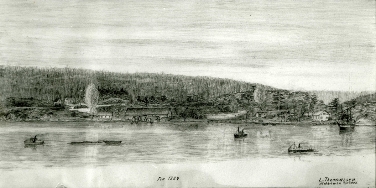 Fotografi av tegning til Lars Thomassen fra skipsverftet på Kirkeholmen nordre, 1884.