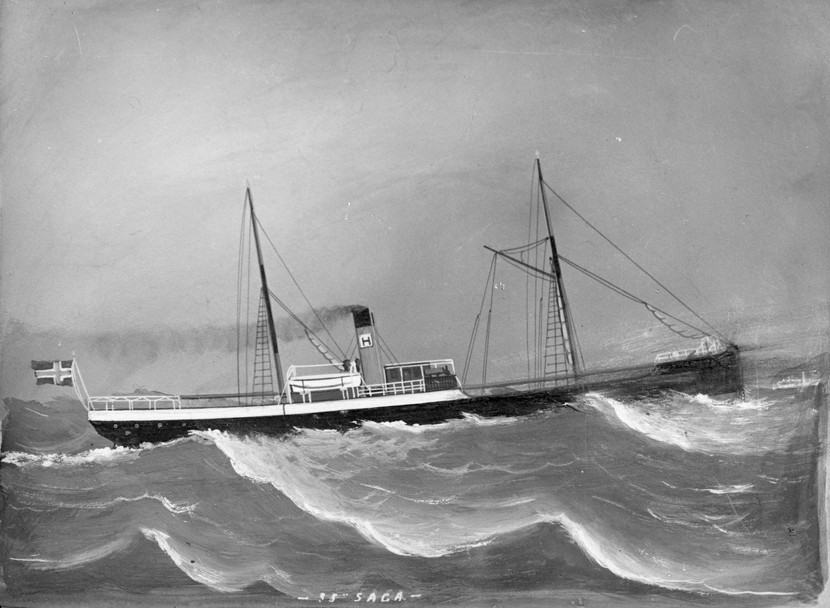 Avfotografert maleri av dampskipet D/S "Saga" fra Haugesund i stor sjø.