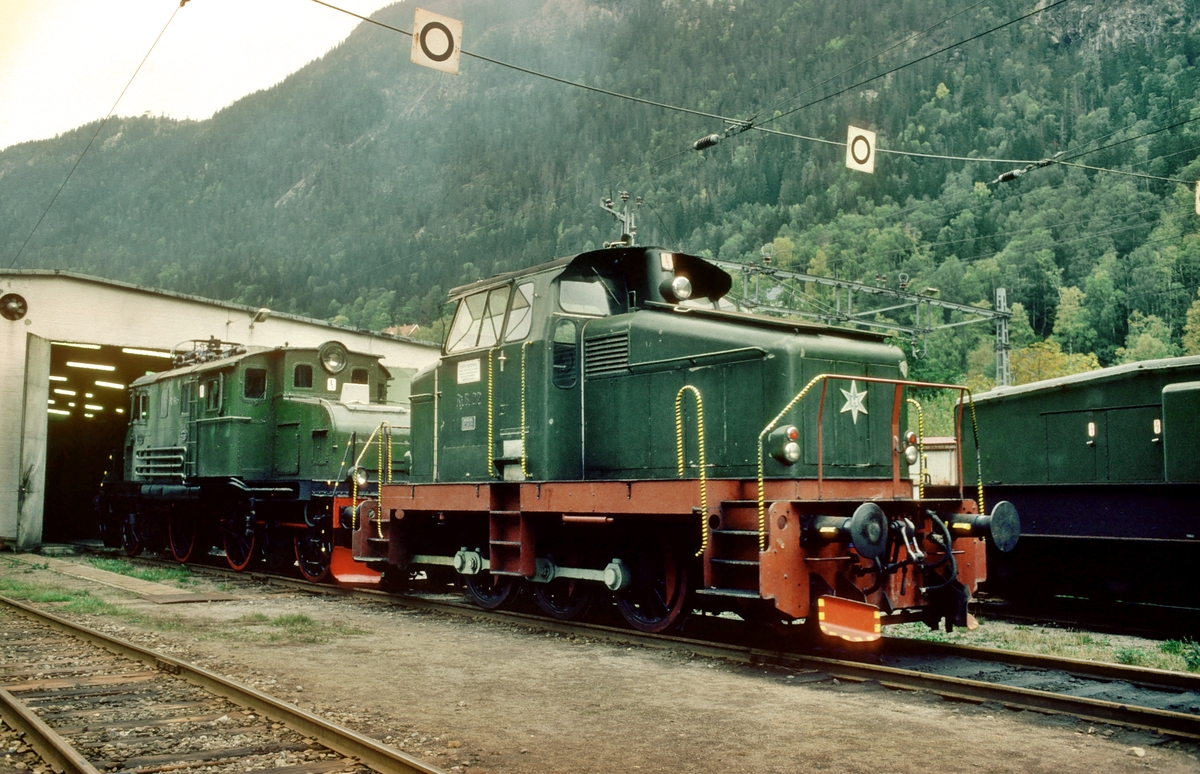 Rjukanbanens lokomotiver nr. RjB 22 og 15 ved lokomotivstallen på Rjukan. Norsk Hydro, Norsk Transportaktieselskap, Norsk Transport.