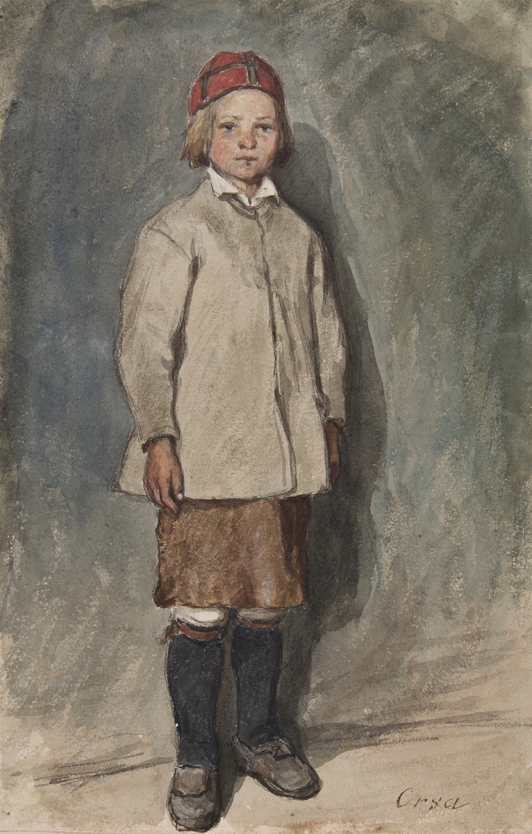 Pojke i vit tröja. Akvarell av C.G Hellqvist