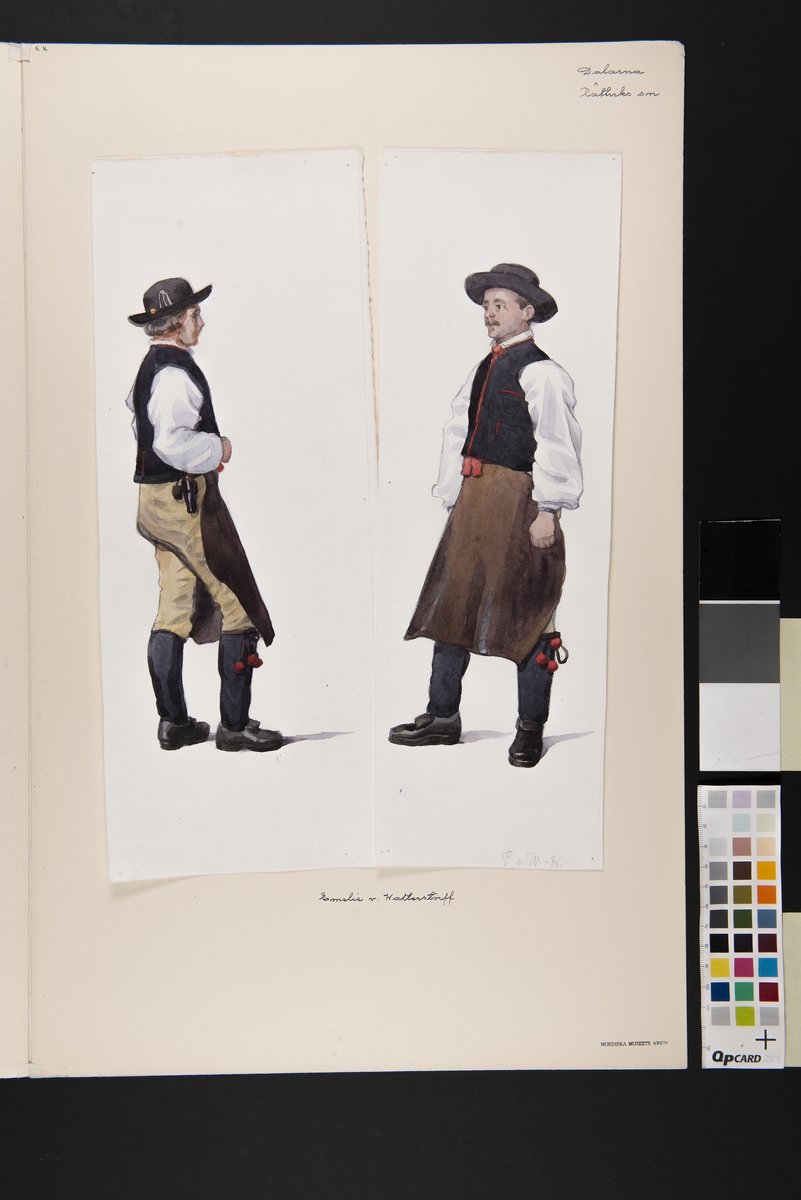 Två män i Rättviksdräkt Akvareller av Emelie von Walterstorff.