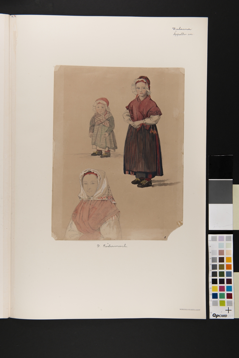 Tre bilder på barn i dräkt. Akvarell av P.Södermark.