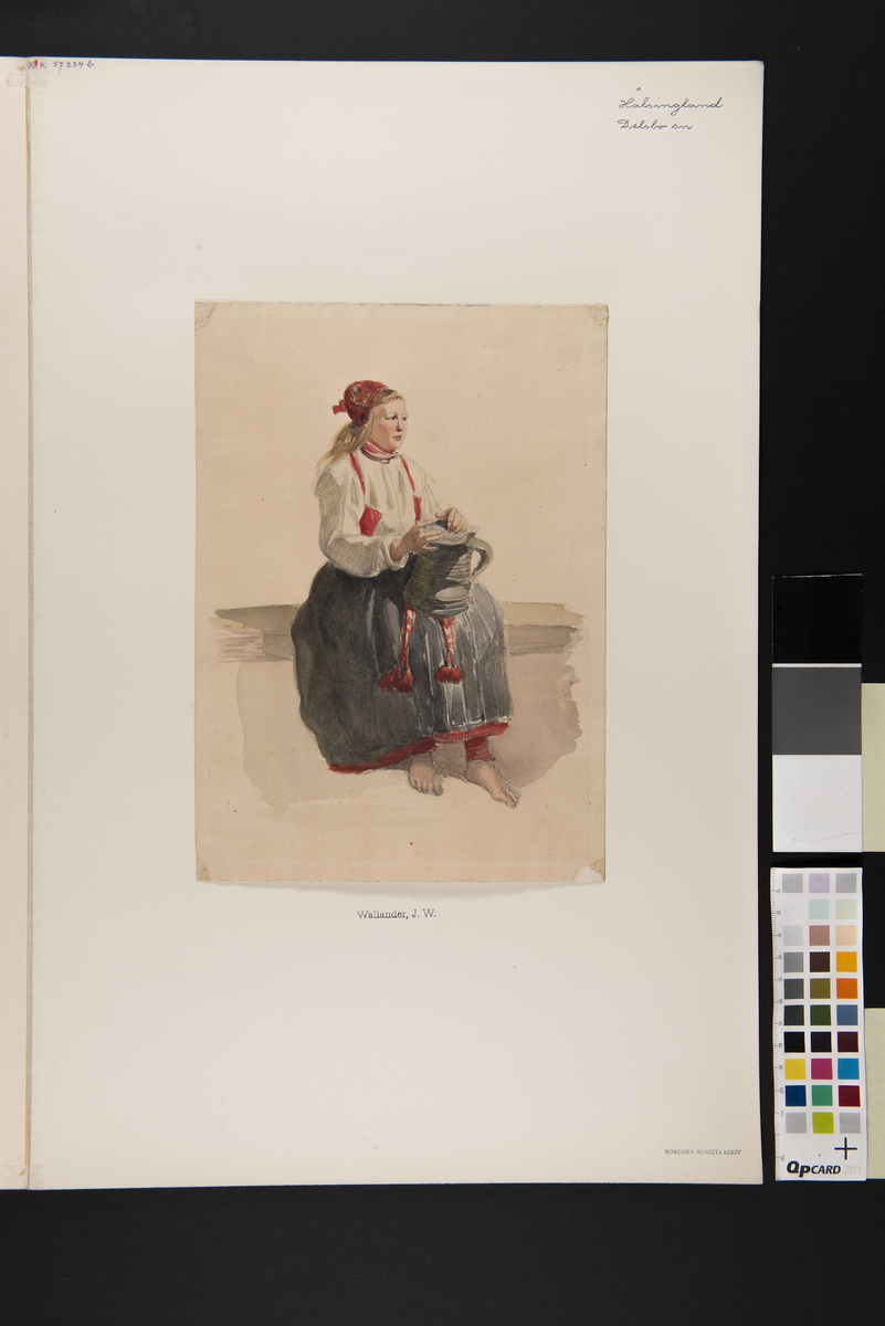 Ung  kvinna i dräkt sittande i helfigur Akvarell av  J.W. Wallander.