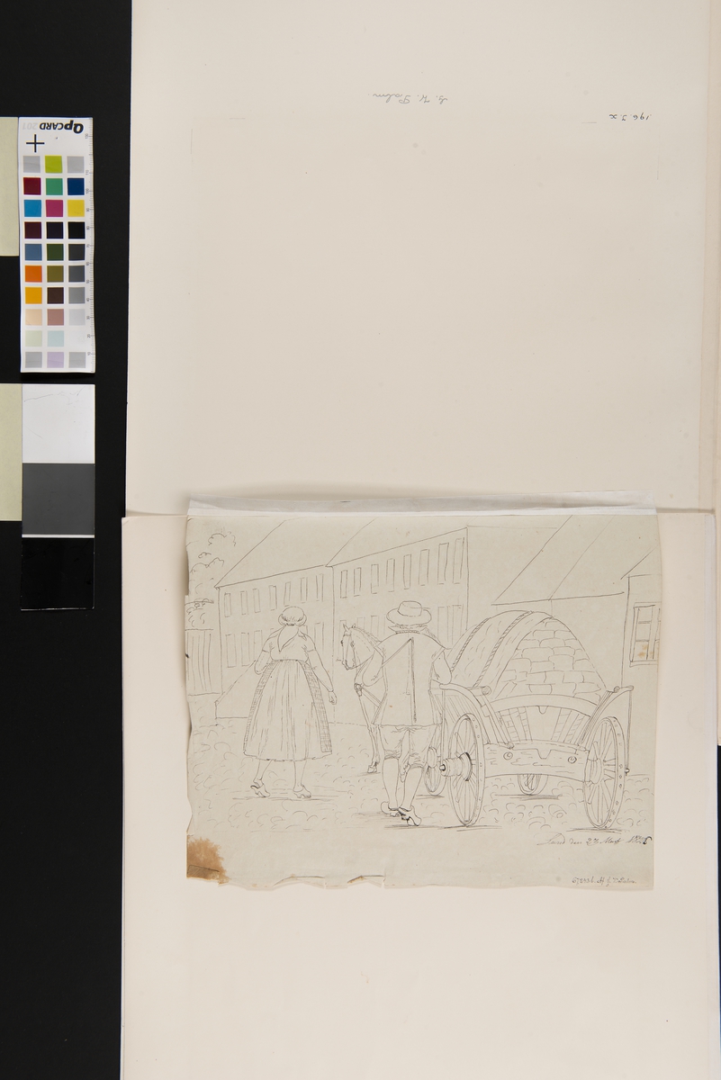 Lund 1826. Stadsbild med män och kvinnor. Baksida man och kvinna  med häst och  vagn fylld med tegel. Tuschteckningar av G.W Palm