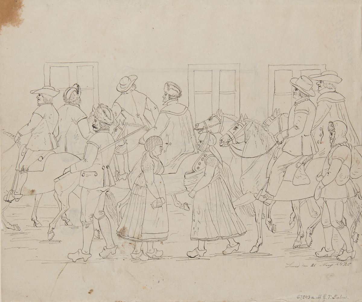 Dräkt.  "Lund den  21 Mars 1826" (? sista siffran svårläst)". Fotgängare och män till häst på en väg. Tuschteckning i storformat av G.W. Palm.