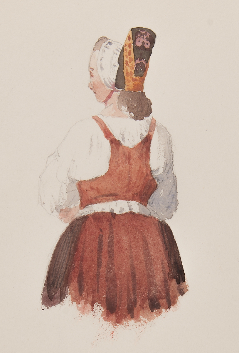 Dräkt. Kvinna bakifrån i halvfigur, Häverödräkt.  Akvarell i storformat av Joseph Magnus Stäck.